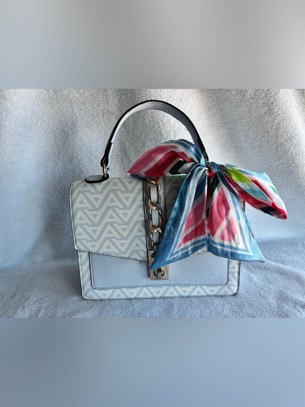 ✅✅ sale! Aldo Light Blue Patterned Top-Handle Satchel with Scarf and strap